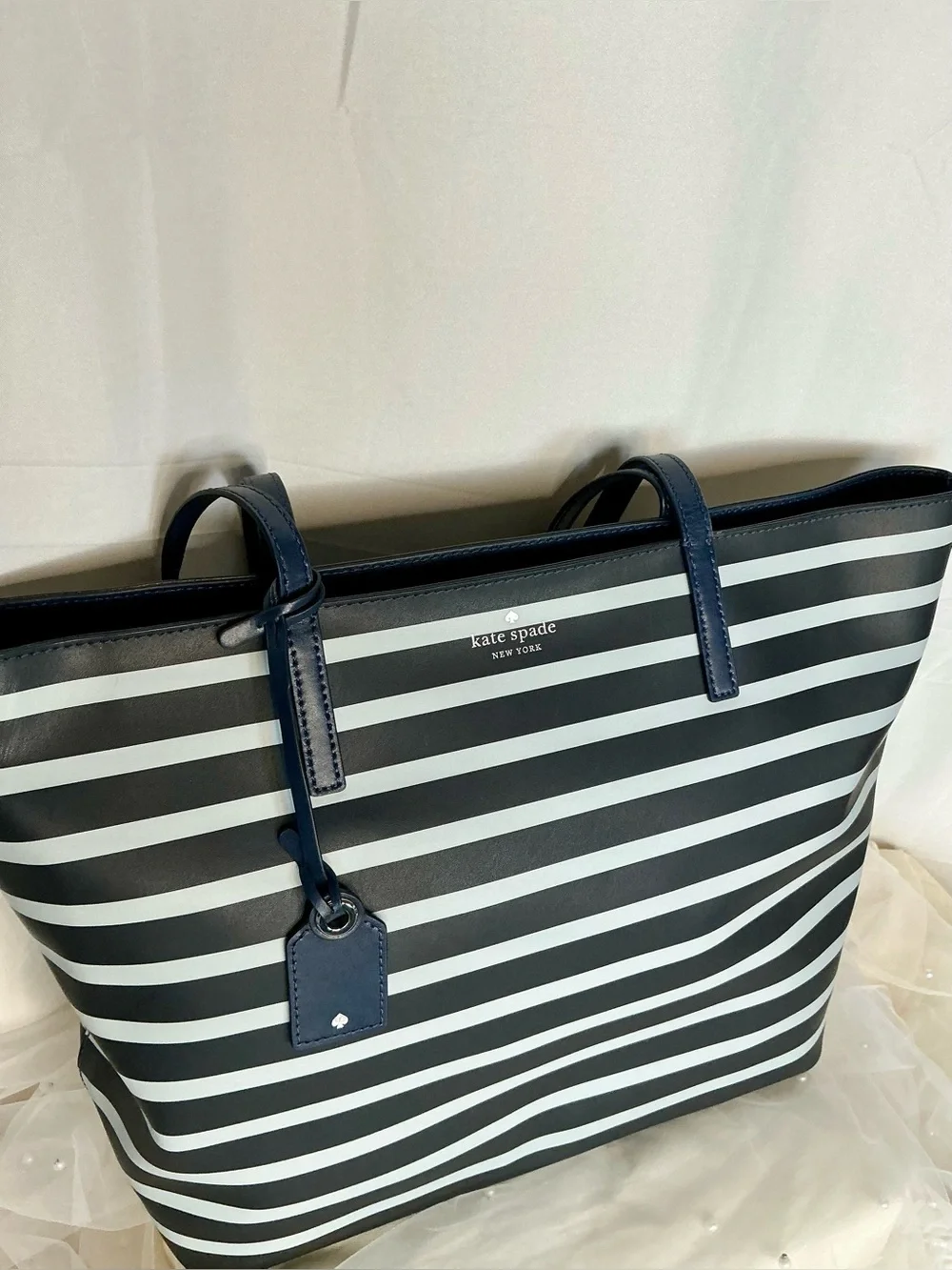 Kate Spade Navy White Stripe Leather Tote Shoulder Bag Large - Picture 2 of 11